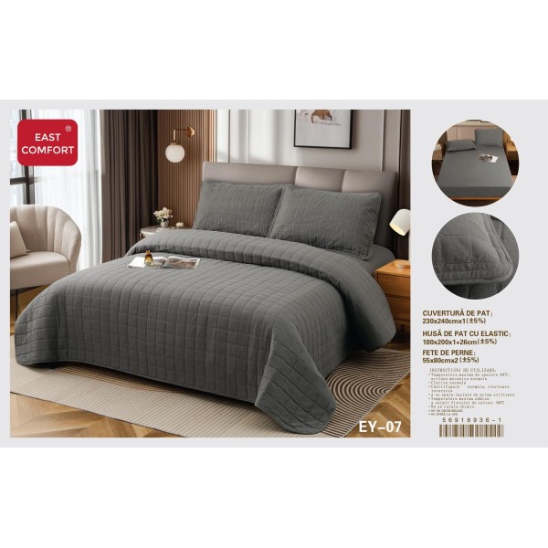 Set cuvertură matlasată 4 piese cu husă de pat cu elastic și fețe de pernă – Gri, CSV 045