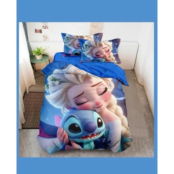 Lenjerie finet 4 piese pentru pat o persoană – model Elsa și Stitch, LCC-044