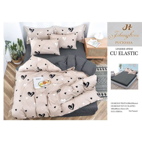 Lenjerie pat dublu, Bumbac Satinat Superior, 4 piese, cu ELASTIC, Bej-Gri, inimioare, LSE-001