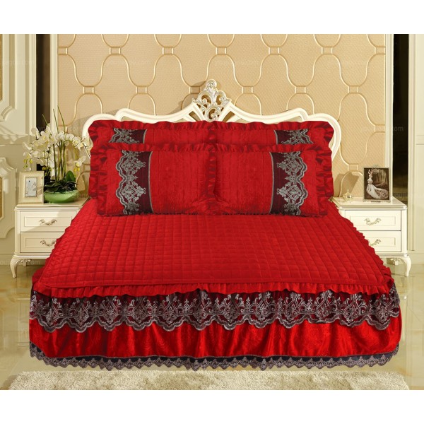Cuvertură din catifea cu dantelă pentru pat dublu, model elegant și rafinat, Rosu, CCB-058 Cuvertură din catifea cu dantelă pentru pat dublu, model elegant și rafinat, Rosu, CCB-058