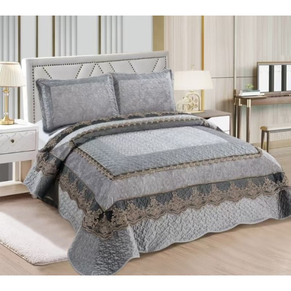 Cuvertură din catifea cu dantelă pentru pat dublu, model elegant și rafinat, Gri, CCB-064 Cuvertură din catifea cu dantelă pentru pat dublu, model elegant și rafinat, Gri, CCB-064