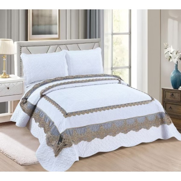 Cuvertură din catifea cu dantelă pentru pat dublu, model elegant și rafinat, Alb, CCB-065 Cuvertură din catifea cu dantelă pentru pat dublu, model elegant și rafinat, Alb, CCB-065