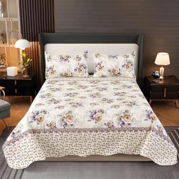 Cuvertura pentru pat dublu, matlasata, Bumbac Satinat, 220x240cm, plus 2 fete de perna, Crem-Multicolor, flori, OCT-335