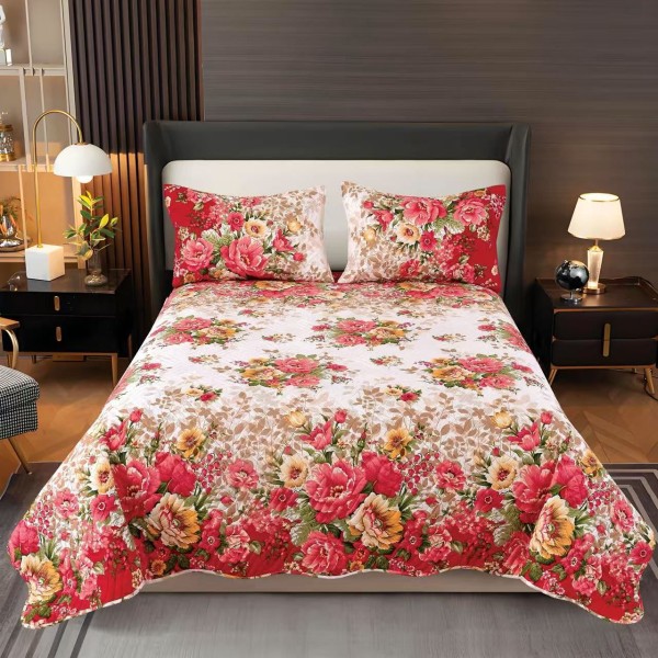 Cuvertura pentru pat dublu, matlasata, Bumbac Satinat, 220x240cm, plus 2 fete de perna, Rosu-Multicolor, flori, OCT-005