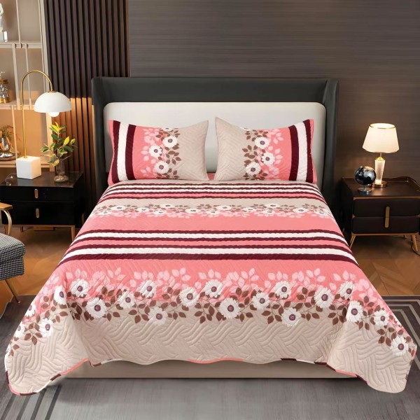 Cuvertura pentru pat dublu, matlasata, Bumbac Satinat, 220x240cm, plus 2 fete de perna, Roz-Crem, flori, OCT-043