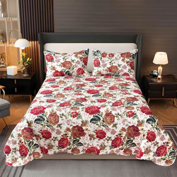 Cuvertura pentru pat dublu, matlasata, Bumbac Satinat, 220x240cm, plus 2 fete de perna, Crem-Multicolor, flori, OCT-036