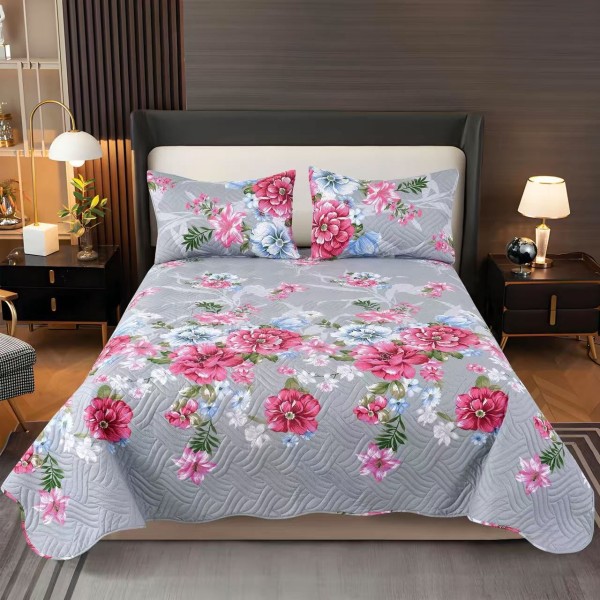 Cuvertura pentru pat dublu, matlasata, Bumbac Satinat, 220x240cm, plus 2 fete de perna, Gri-Rosu, flori, CBS-035