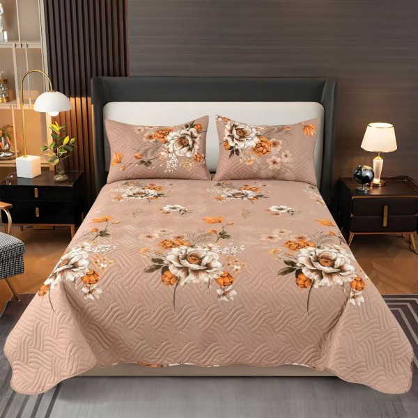 Cuvertura pentru pat dublu, matlasata, Bumbac Satinat, 220x240cm, plus 2 fete de perna, Bej-Crem, flori, CBS-030