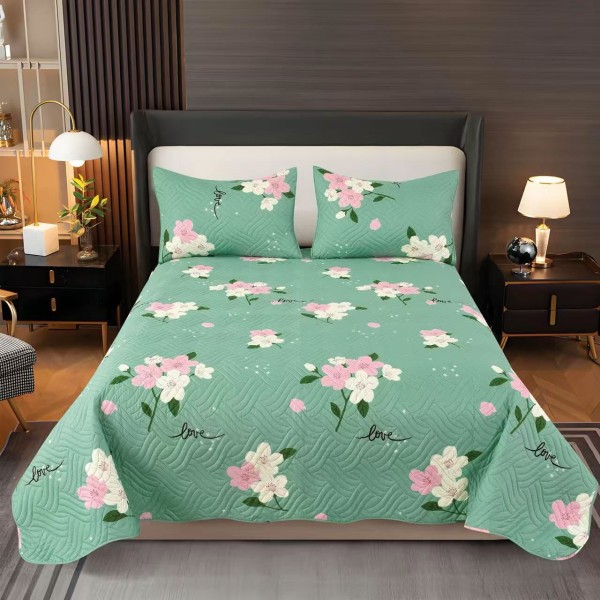 Cuvertura pentru pat dublu, matlasata, Bumbac Satinat, 220x240cm, plus 2 fete de perna, Verde-Crem, flori, CBS-031