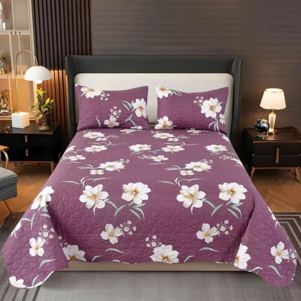 Cuvertura pentru pat dublu, matlasata, Bumbac Satinat, 220x240cm, plus 2 fete de perna, Mov-Alb, flori, CBS-029