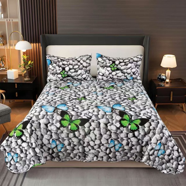 Cuvertura pentru pat dublu, matlasata, Bumbac Satinat, 220x240cm, plus 2 fete de perna, Gri-Verde, fluturi, OCT-001