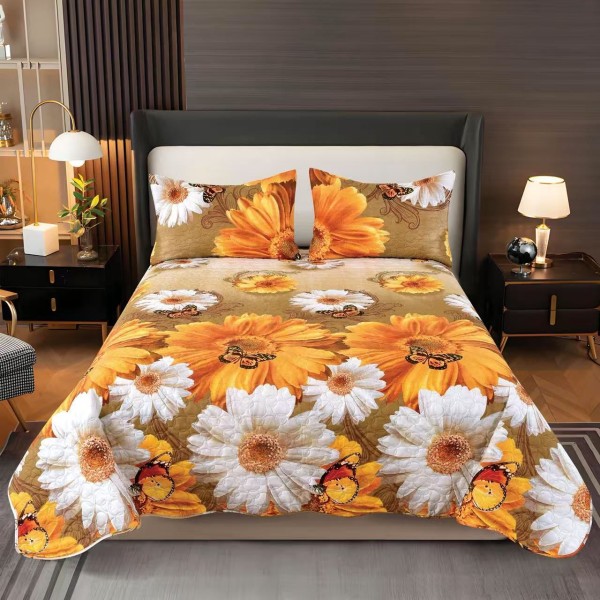 Cuvertura pentru pat dublu, matlasata, Bumbac Satinat, 220x240cm, plus 2 fete de perna, Galben-Alb, flori, OCT-007