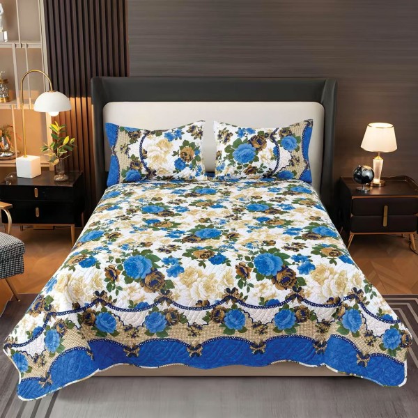 Cuvertura pentru pat dublu, matlasata, Bumbac Satinat, 220x240cm, plus 2 fete de perna, Albastru-Crem, flori, OCT-010