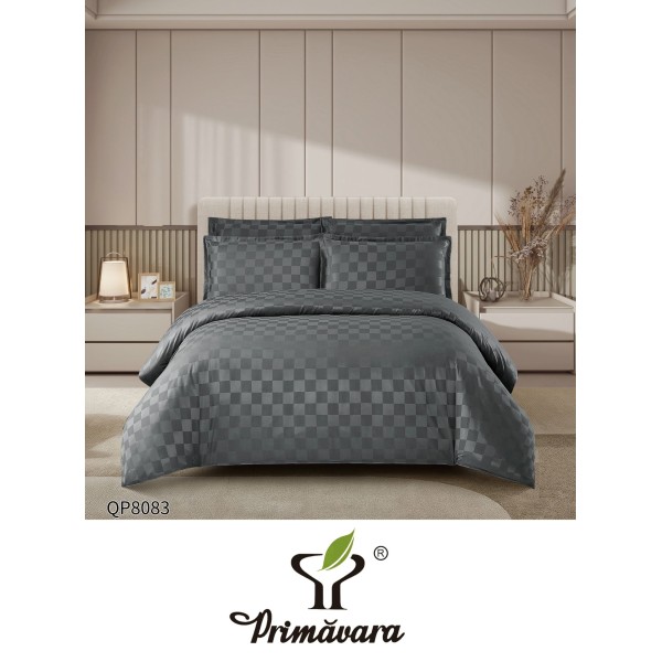 Lenjerie damasc 4 piese pat dublu cu elastic – pătrățele, Gri inchis, LDD-001