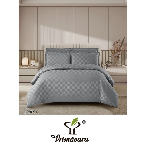 Lenjerie damasc 4 piese pat dublu cu elastic – pătrățele, Gri deschis, LDD-002