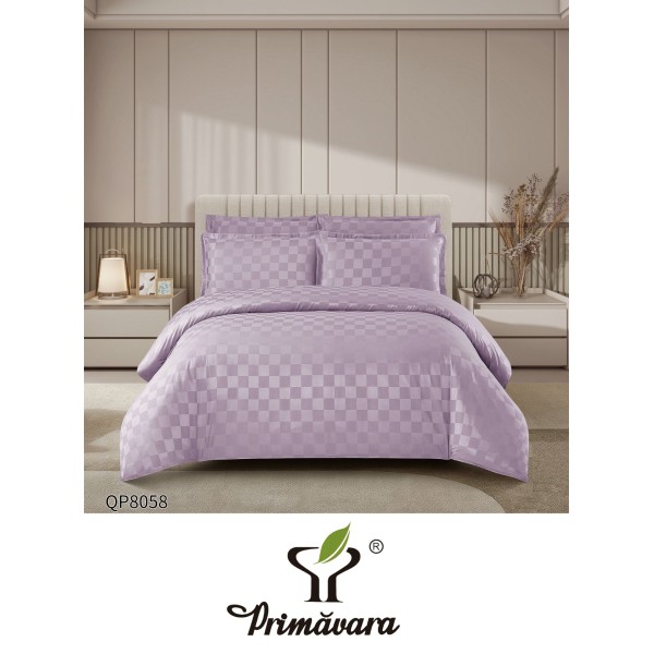 Lenjerie damasc 4 piese pat dublu cu elastic – pătrățele, Lila, LDD-003