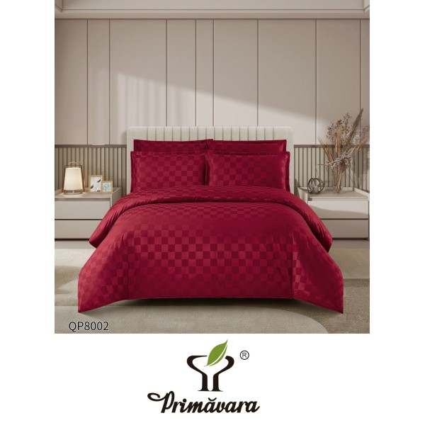Lenjerie damasc 4 piese pat dublu cu elastic – pătrățele, Bordo, LDD-004