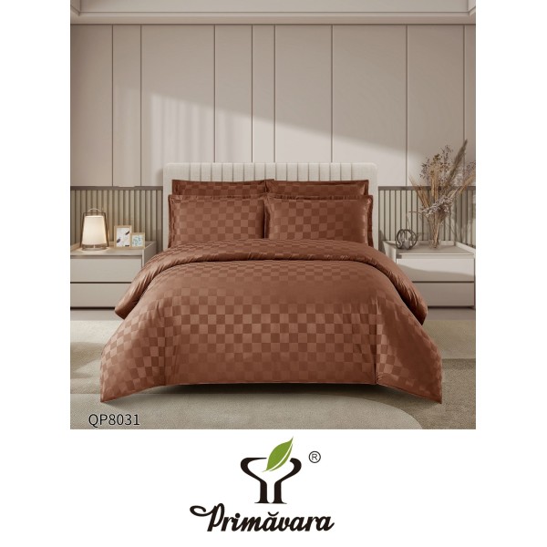 Lenjerie damasc 4 piese pat dublu cu elastic – pătrățele, Maro, LDD-005