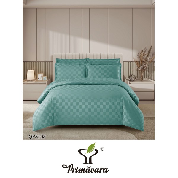 Lenjerie damasc 4 piese pat dublu cu elastic – pătrățele, Verde menta, LDD-006