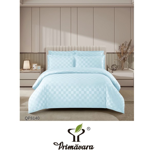 Lenjerie damasc 4 piese pat dublu cu elastic – pătrățele, Alb, LDD-007