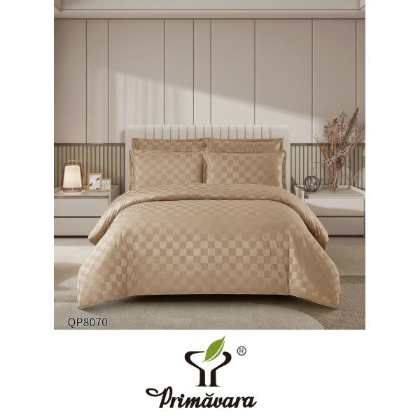 Lenjerie damasc 4 piese pat dublu cu elastic – pătrățele, Bej, LDD-008