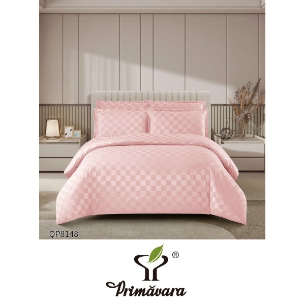 Lenjerie damasc 4 piese pat dublu cu elastic – pătrățele, Roz, LDD-009