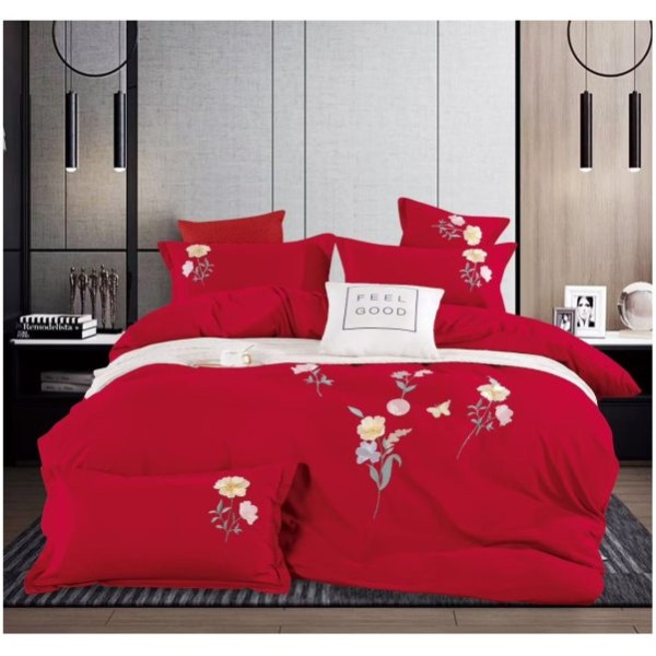 Lenjerie pat dublu 4 piese finet cu broderie florală rosu și cearșaf cu elastic, LFB-049 Lenjerie pat dublu 4 piese finet cu broderie florală rosu și cearșaf cu elastic, LFB-049