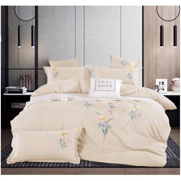 Lenjerie pat dublu 4 piese finet cu broderie florală crem și cearșaf cu elastic, LFB-050