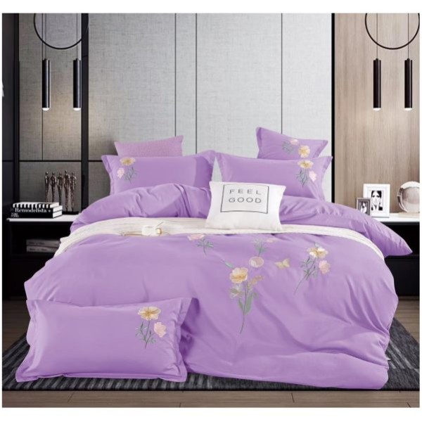 Lenjerie pat dublu 4 piese finet cu broderie florală mov și cearșaf cu elastic, LFB-051 Lenjerie pat dublu 4 piese finet cu broderie florală mov și cearșaf cu elastic, LFB-051