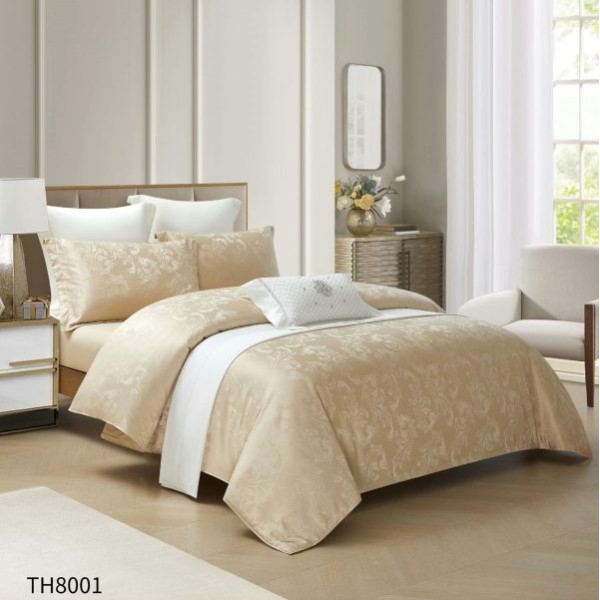 Lenjerie pat dublu Jacquard 4 piese cu cearșaf cu elastic – model elegant, Bej, LDJ-001