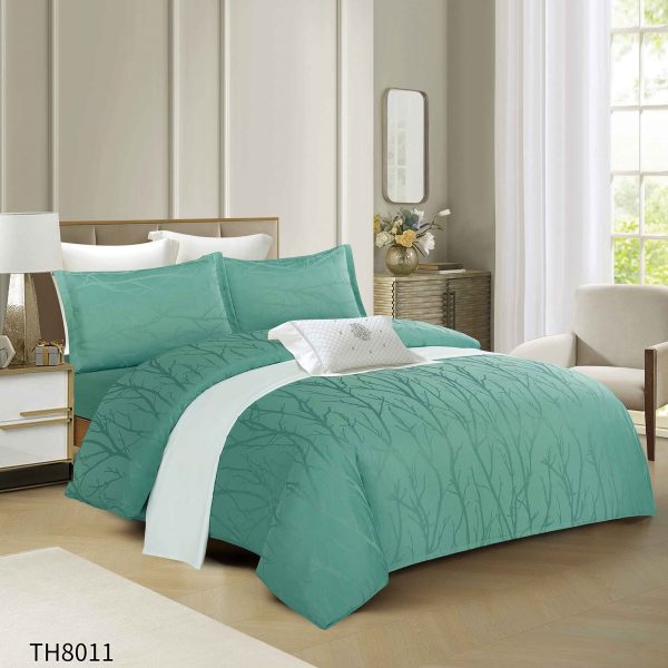 Lenjerie pat dublu Jacquard 4 piese cu cearșaf cu elastic – model elegant, Verde menta, LDJ-033