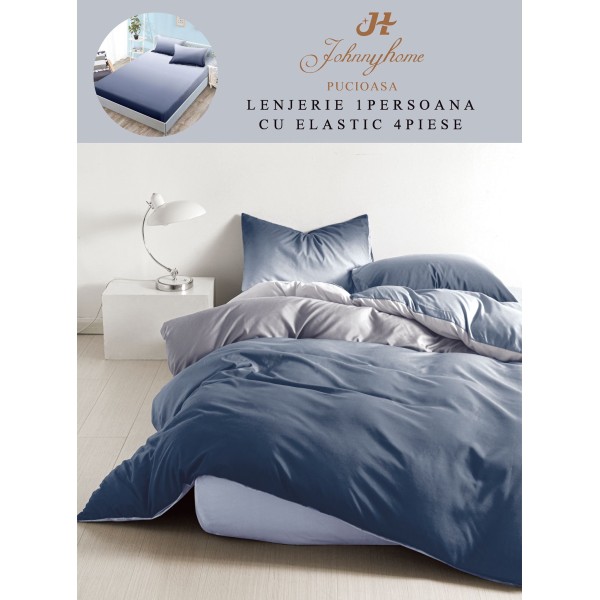 Lenjerie Bumbac Finet Superior, 4 Piese, Pat 1 Persoana, cearsaf cu ELASTIC, Albastru-Degrade, OTM-049