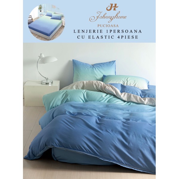 Lenjerie Bumbac Finet Superior, 4 Piese, Pat 1 Persoana, cearsaf cu ELASTIC, Blue-Degrade, OTM-053