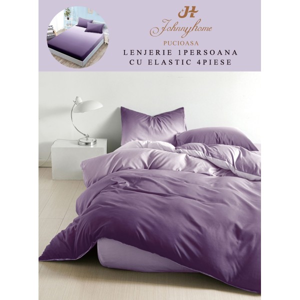 Lenjerie Bumbac Finet Superior, 4 Piese, Pat 1 Persoana, cearsaf cu ELASTIC, Mov-Degrade, OTM-057