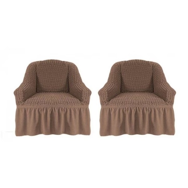 Set 2 huse elastice si creponate pentru fotolii, cu volanas, Bej cacao cu lapte, HFC-017