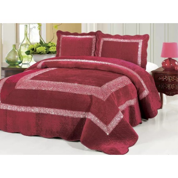 Cuvertura pat dublu, 3 piese, Catifea Matlasata cu PAIETE, 230x250cm, plus 2 fete de perna, Bordo, CPC-002