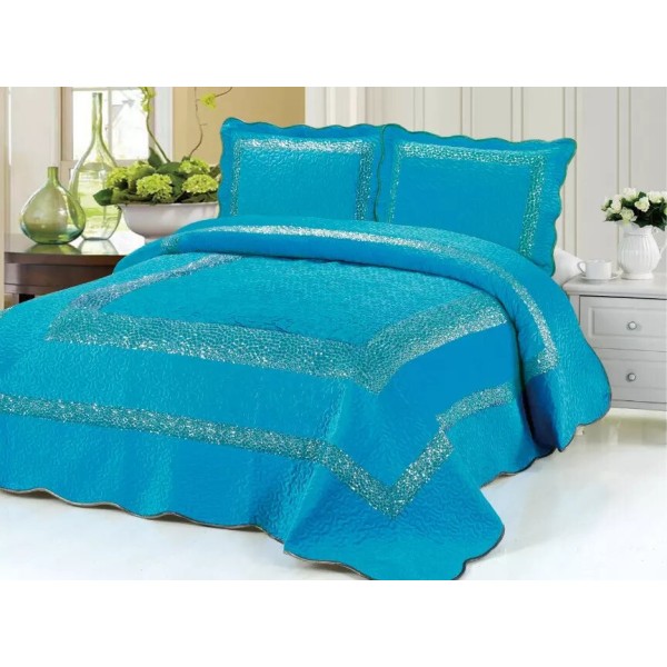 Cuvertura pat dublu, 3 piese, Catifea Matlasata cu PAIETE, 230x250cm, plus 2 fete de perna, Blue, CPC-003