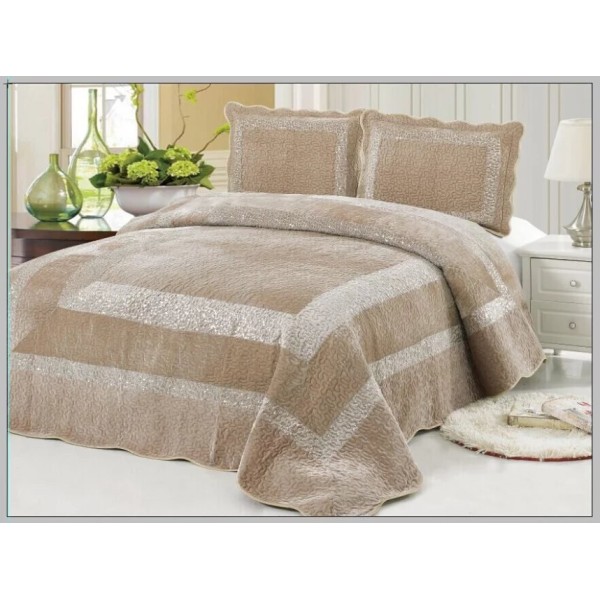 Cuvertura pat dublu, 3 piese, Catifea Matlasata cu PAIETE, 230x250cm, plus 2 fete de perna, Bej, CPC-004