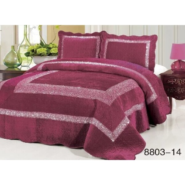 Cuvertura pat dublu, 3 piese, Catifea Matlasata cu PAIETE, 230x250cm, plus 2 fete de perna, Mov, CPC-005