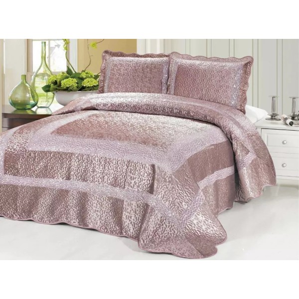 Cuvertura pat dublu, 3 piese, Catifea Matlasata cu PAIETE, 230x250cm, plus 2 fete de perna, Roz pudra, CPC-006