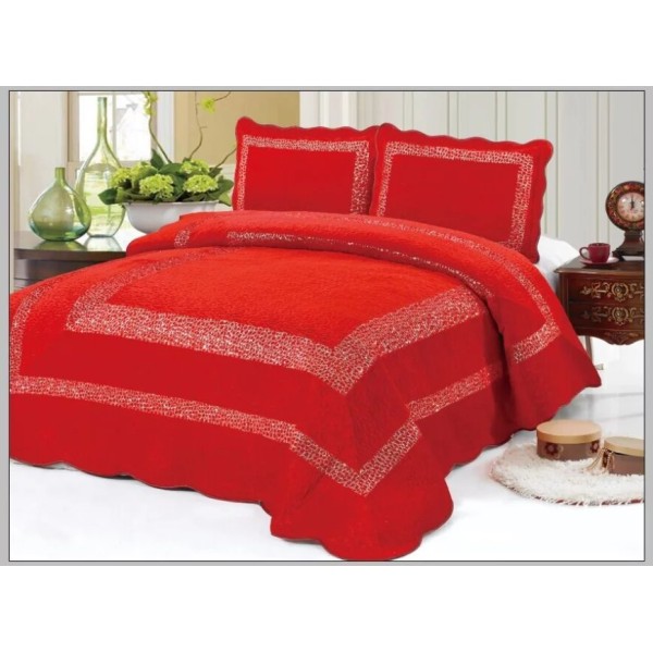 Cuvertura pat dublu, 3 piese, Catifea Matlasata cu PAIETE, 230x250cm, plus 2 fete de perna, Rosu, CPC-008