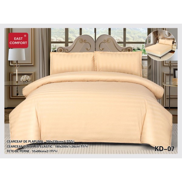 Lenjerie damasc 4 piese pat dublu cu elastic – dungi, Crem, LDD-010