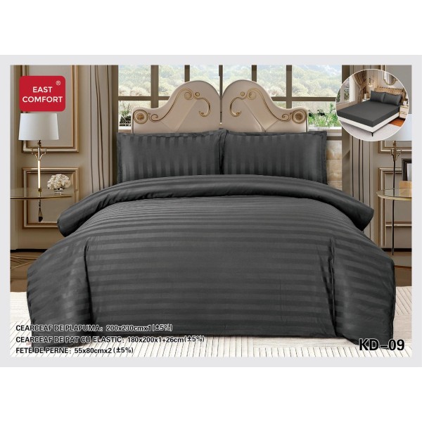 Lenjerie damasc 4 piese pat dublu cu elastic – dungi, Gri inchis, LDD-011