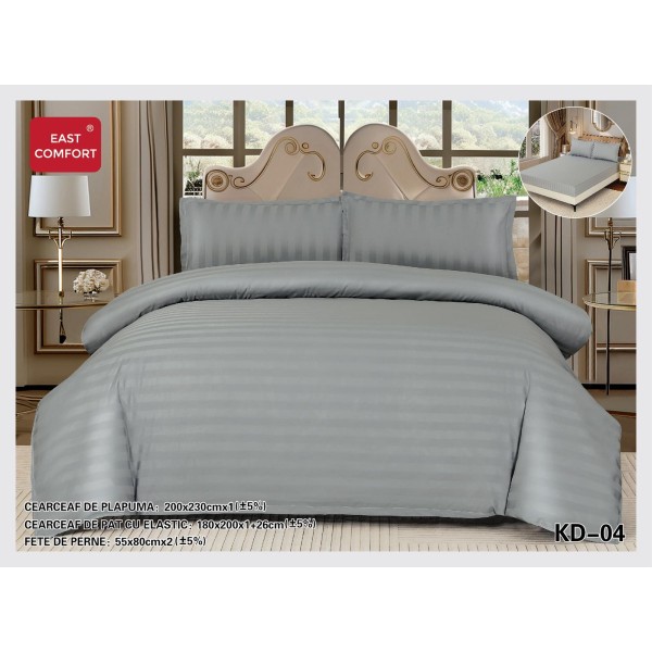 Lenjerie damasc 4 piese pat dublu cu elastic – dungi, Gri deschis, LDD-012