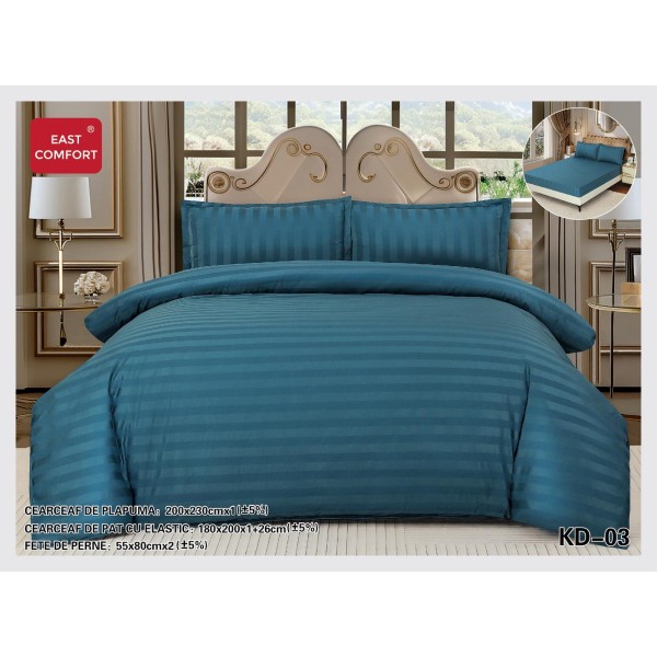 Lenjerie damasc 4 piese pat dublu cu elastic – dungi, Albastru, LDD-013