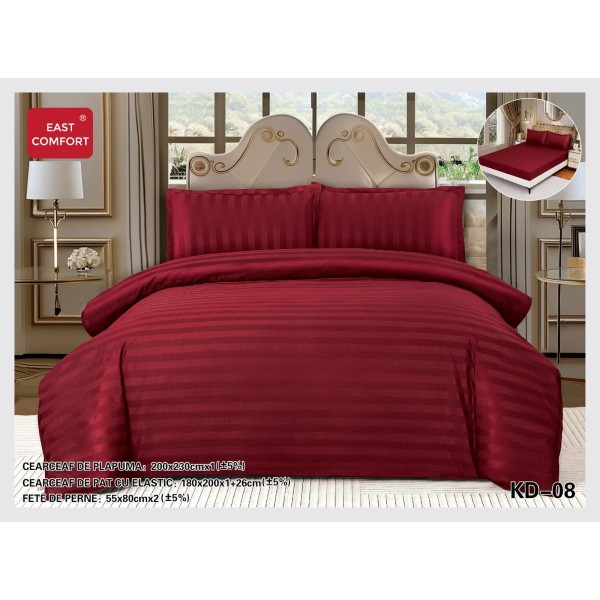 Lenjerie damasc 4 piese pat dublu cu elastic – dungi, Bordo, LDD-014