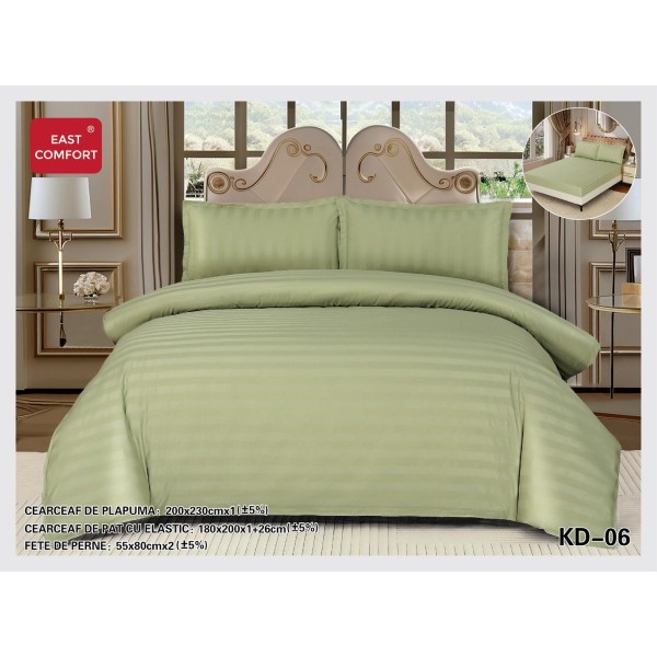 Lenjerie damasc 4 piese pat dublu cu elastic – dungi, Verde, LDD-015
