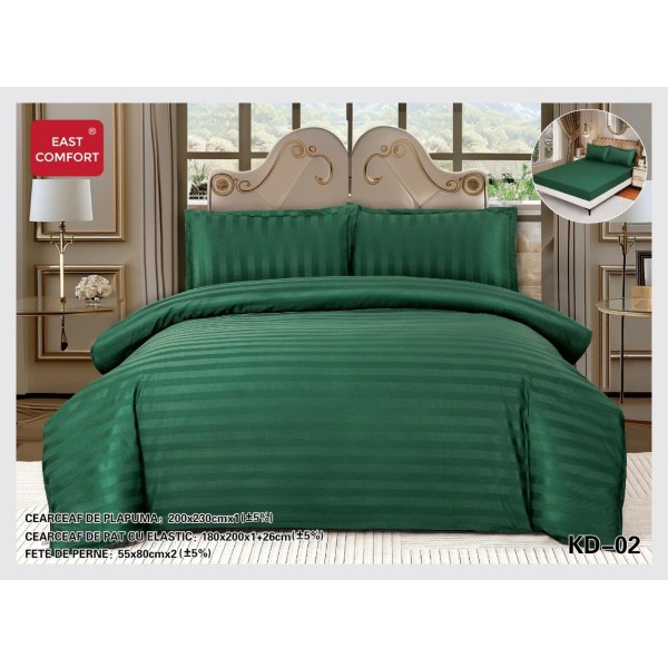 Lenjerie damasc 4 piese pat dublu cu elastic – dungi, Verde smarald, LDD-016