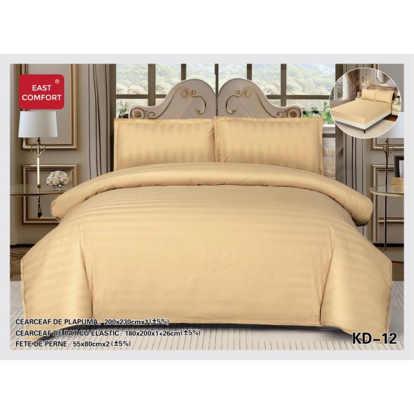 Lenjerie damasc 4 piese pat dublu cu elastic – dungi, Bej inchis, LDD-017