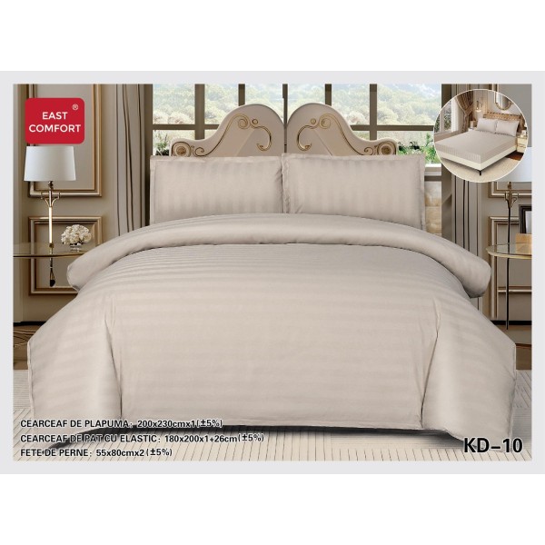 Lenjerie damasc 4 piese pat dublu cu elastic – dungi, Bej, LDD-018